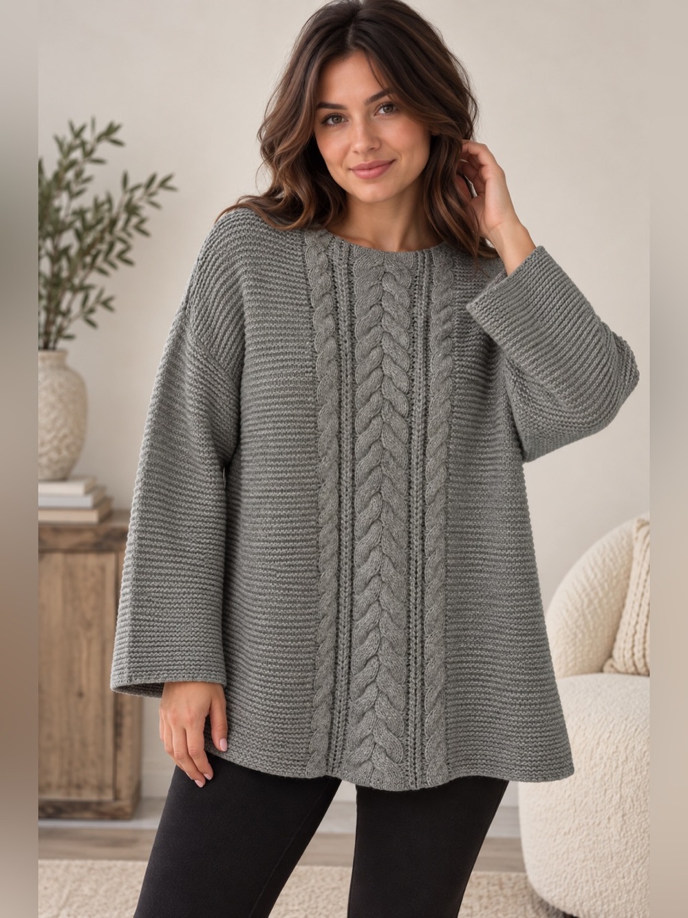J. Jill Gray Cable Knit Oversized Sweater Tunic XL